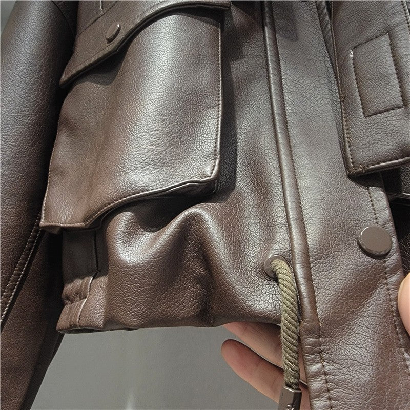 YEAE 2025 spring new vintage motorcycle leather printed high waist lean washed PU leather coat tide