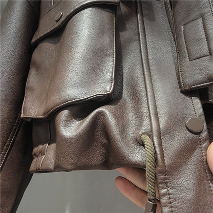 YEAE 2025 spring new vintage motorcycle leather printed high waist lean washed PU leather coat tide