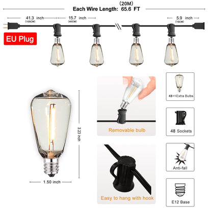 Shatterproof ST38 Plastic Outdoor String Lights Waterproof LED Garden Light Garland Connectable Retro Festoon Decoration Light