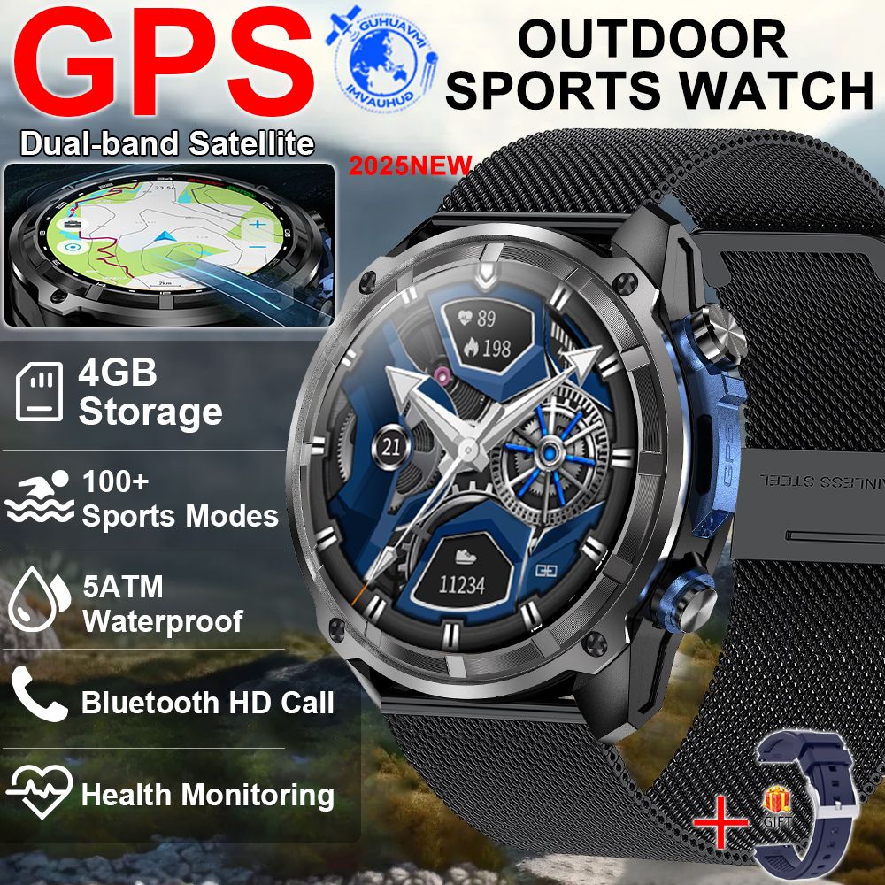 2025 Novo GPS Smartwatch Mapas Offline 4GB Memória Reprodutor de Vídeo Pulseira Inteligente Esportiva Militar Masculina à Prova d'Água 50m Safira