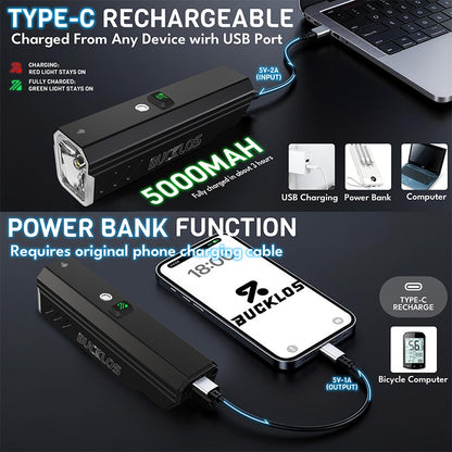 BUCKLOS 1000/1500/2000LM Bike Headlight Smart Sensor Aluminum Alloy Bicycle Front Light IPX5 Waterproof Rechargeable Bike Lamp