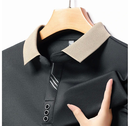 New Men's Long-sleeved Polo Shirt Sweatwear Business Casual Top Fashion Classic Solid Color Male Brand Basic V-neck Top