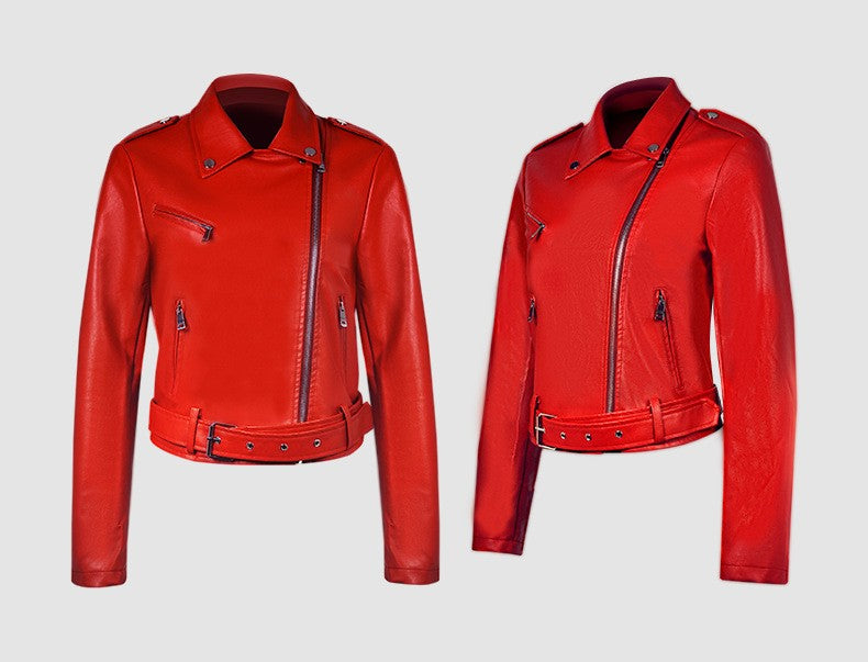 Women's Bright Red Long-sleeve PU Jacket, Lapel Collar Black Short Faux Leather Coat, Available in Dark Brown or Beige.