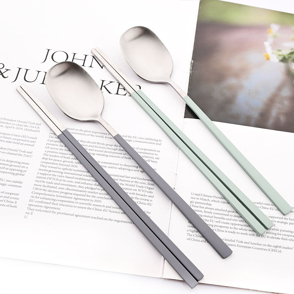 2Pcs Sushi Chopsticks Spoon Flatware Set Korean Colorful Silver Matte Tableware Stainless Steel Cutlery Set Spoon Dinnerware Set