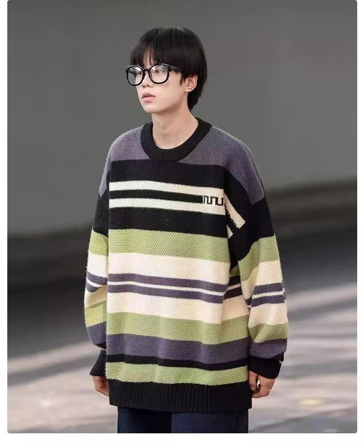 Simple Versatile Trendy Men's Crew Neck Sweater Contrasting Stripes Casual Loose Neutral Style Pullover