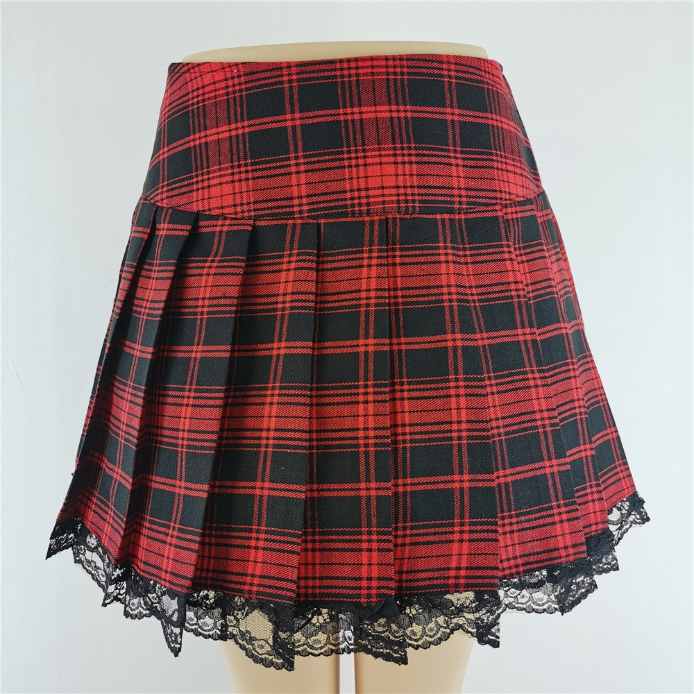 New Contrast Lace Plaid Pleated Skirt Vintage Sexy Skater Clothes Harajuku Gothic Punk England Style Y2k Skirt