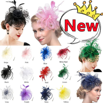 New 12 Color Net and Feather Fascinator Hat Headband Alice Headband Clip Mesh Flower Wedding Cocktail Hair Accessories Tea Party