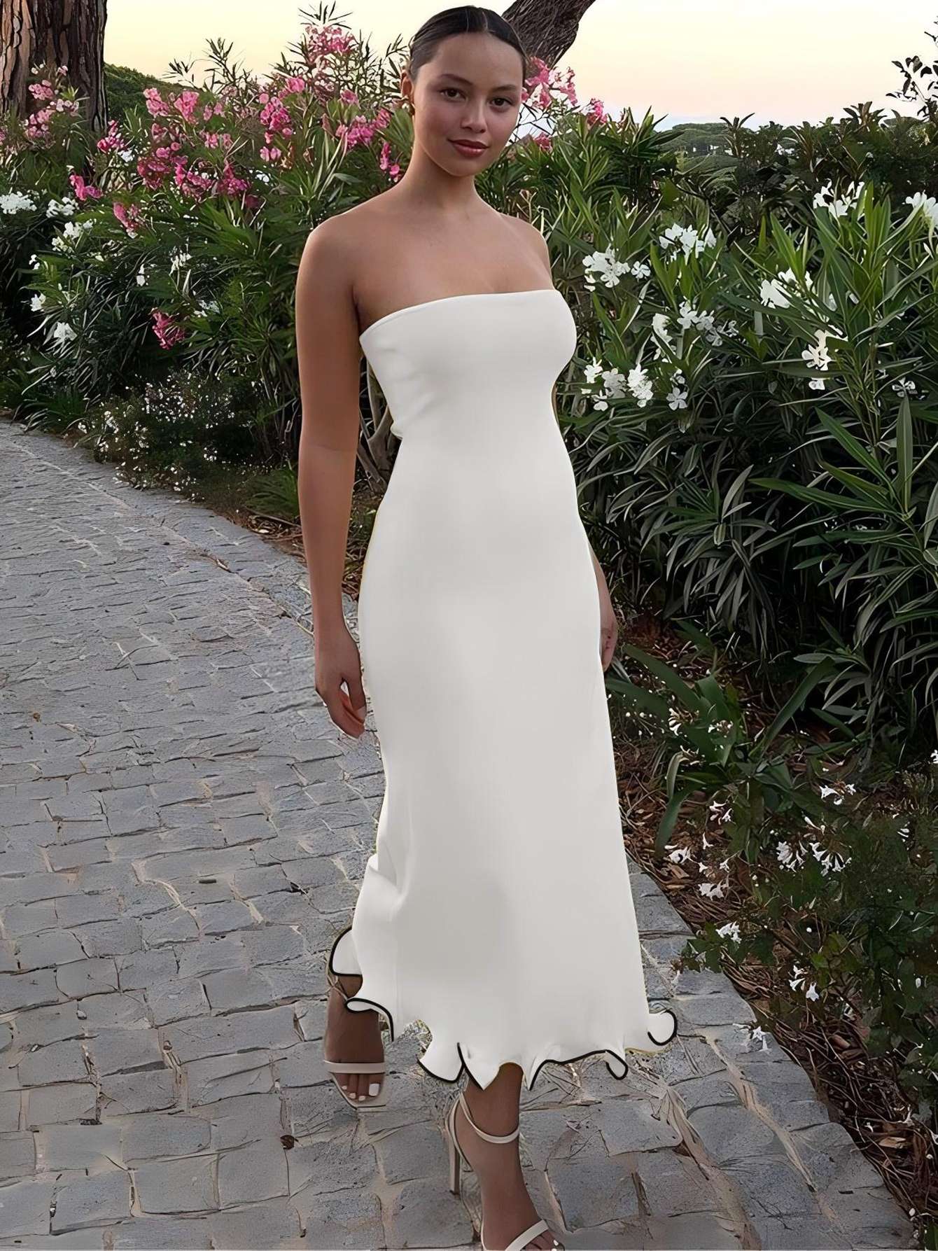 Dulzura Sleeveless Ruffles Patchwork Strapless Bodycon Midi Dress Women'S Solid