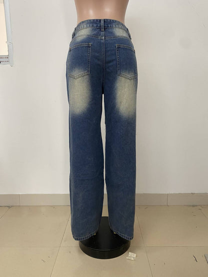 2025 New European and American Women's Clothing Fashion Street Trend Hollow Nail Buckle Old Straight Loose Denim Trousers