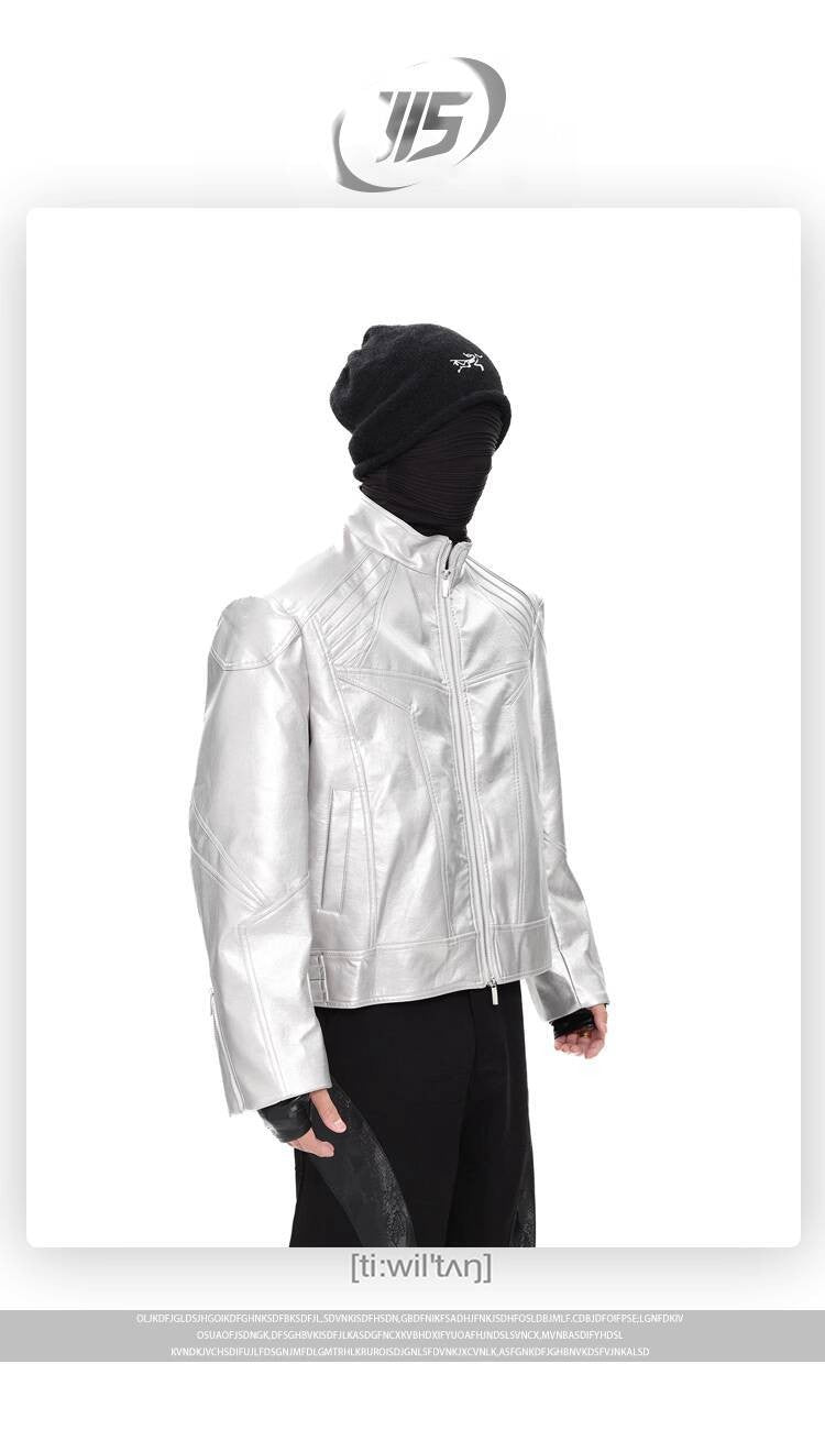 FEWQ Niche Design Men's PU Leather Coats Stand Collar Solid Color Zipper Metal Design Shoulder Pads Male Short Jacket 24K5931