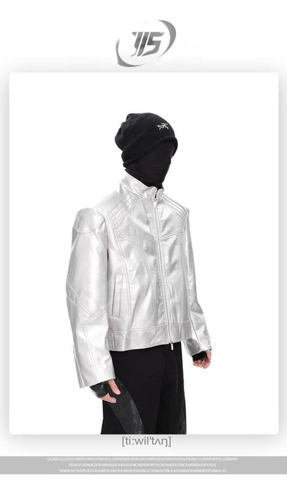 FEWQ Niche Design Men's PU Leather Coats Stand Collar Solid Color Zipper Metal Design Shoulder Pads Male Short Jacket 24K5931