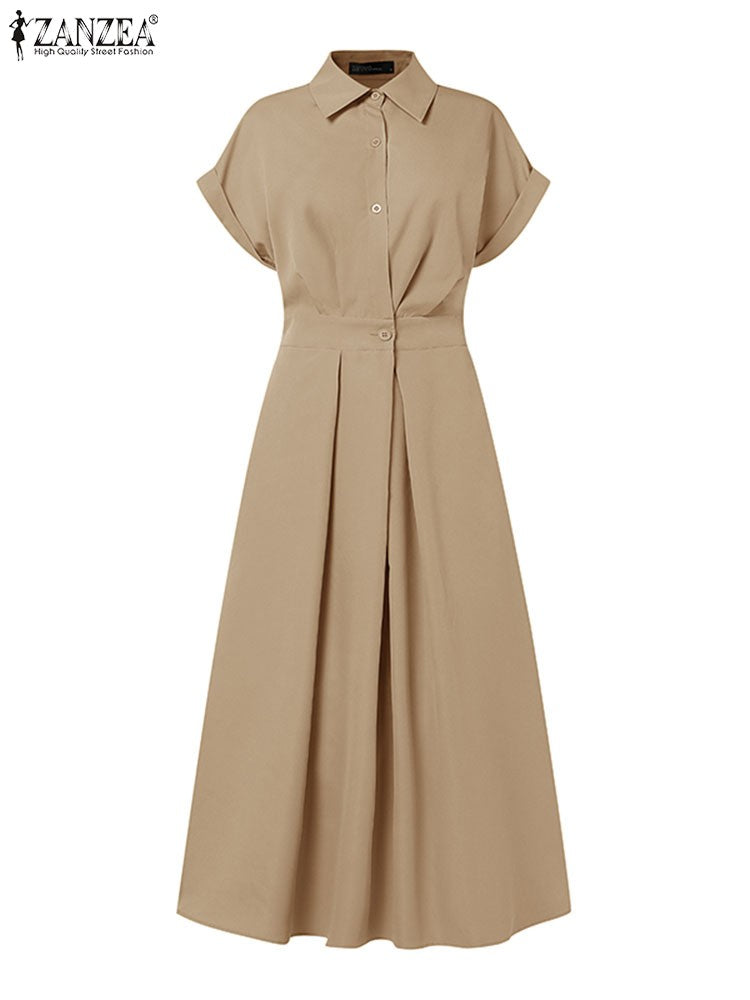 ZANZEA Women Fashion Summer Shirt Dress 2025 Elegant High Waist Short Sleeve Mid