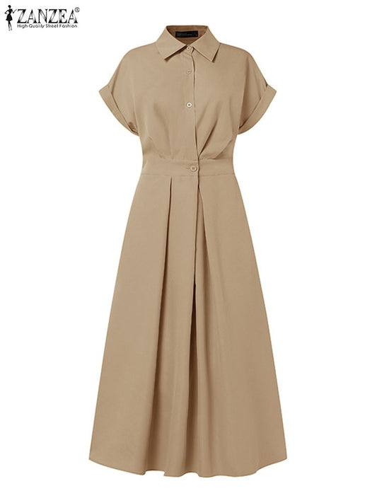 ZANZEA Women Fashion Summer Shirt Dress 2025 Elegant High Waist Short Sleeve Mid