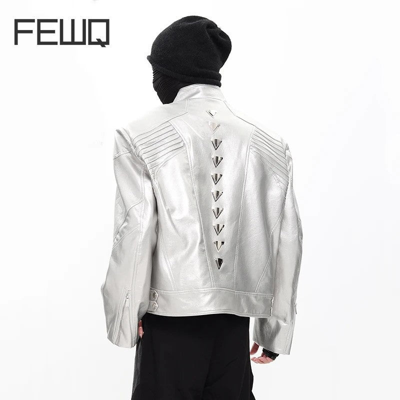 FEWQ Niche Design Men's PU Leather Coats Stand Collar Solid Color Zipper Metal Design Shoulder Pads Male Short Jacket 24K5931