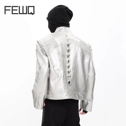 FEWQ Niche Design Men's PU Leather Coats Stand Collar Solid Color Zipper Metal Design Shoulder Pads Male Short Jacket 24K5931