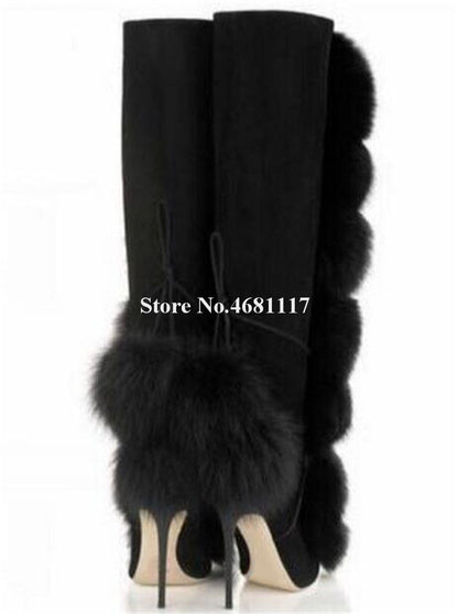 Fluff Knee High Boots Round Toe Black Suede Fur Ball Thin Heel Boots Slip On Lace Up High Heel Boots Winter Women Fashion Boots