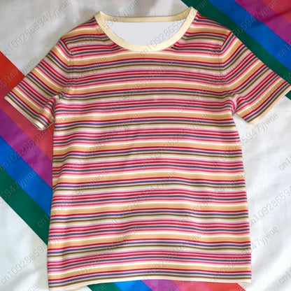 2026 Max Mayfield Cosplay Costume Rainbow Striped T-shirt Women Kids Casual Colorful For Short Sleeve -T-Shirt