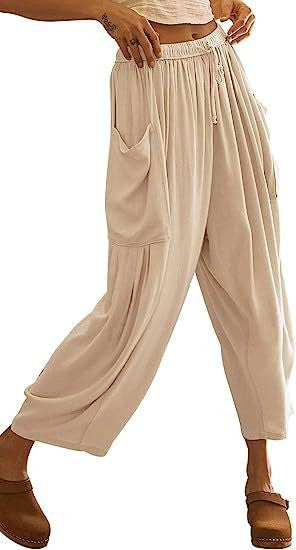 Women's Stretched-waist Pleated High-waisted Wide-leg Trousers Spring Autumn Fashion Cotton Linen Pocket Casual Trousers Woman