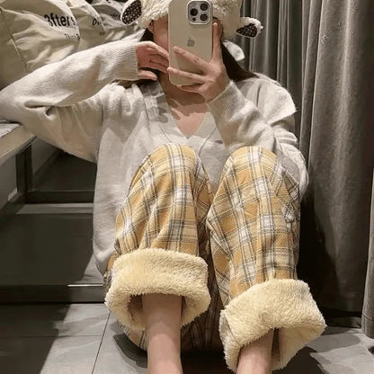 Lamb Velvet Fleece Lined Plaid Wide Leg Pants High Waist Straight Cut Winter New Casual Trousers for Women Korean Style
