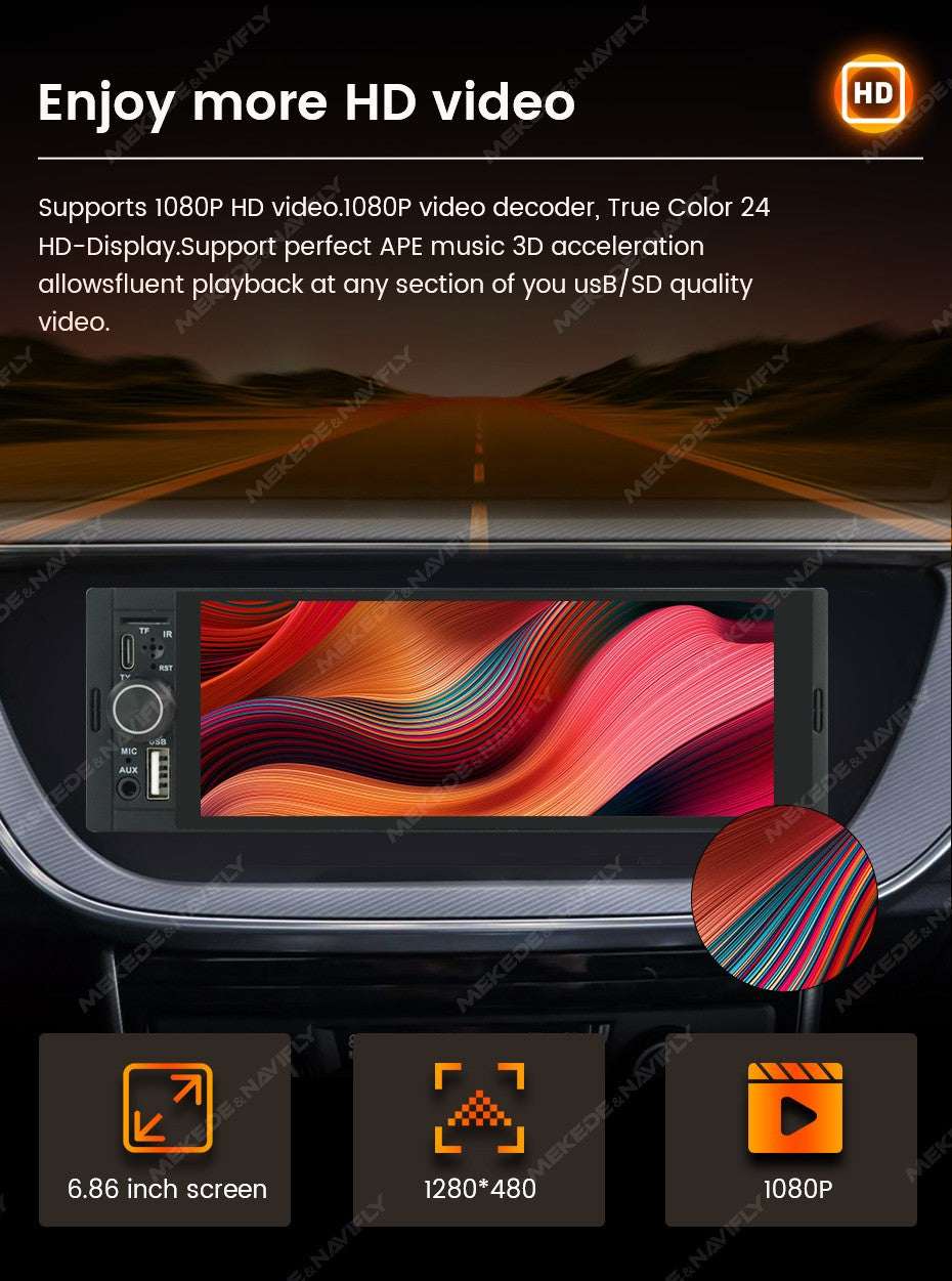 MEKEDE 1Din 6.86 polegadas Carplay Android Auto Rádio Automotivo Universal Reprodutor Multimídia com BT FM Estéreo USB Tipo-C Câmera Unidade Principal