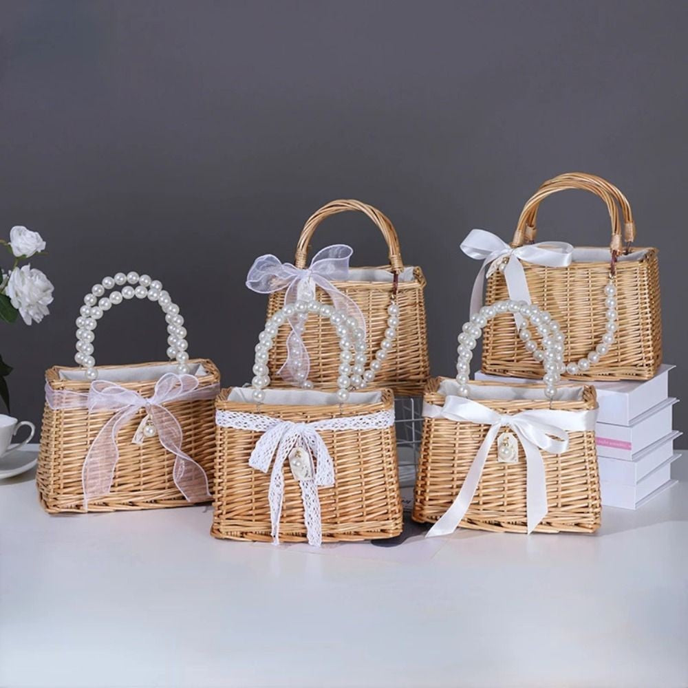 Straw Tote Hand Bags Summer Pearl Handle Handmade Knitted Handbag Storage Rattan Weaving Basket Shoulder Bag Women Girls
