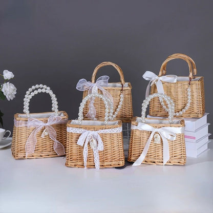 Straw Tote Hand Bags Summer Pearl Handle Handmade Knitted Handbag Storage Rattan Weaving Basket Shoulder Bag Women Girls