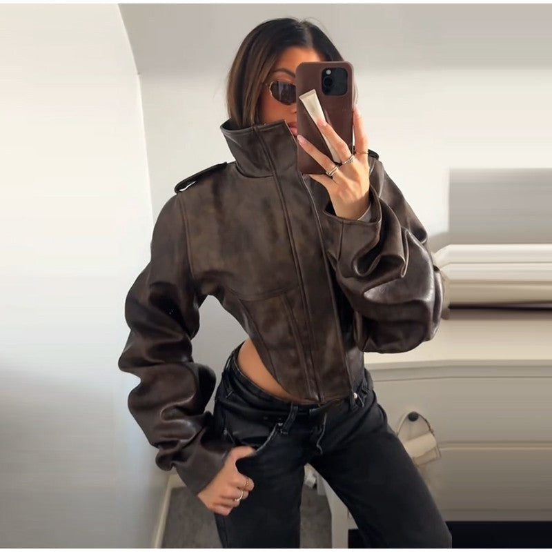 Vintage Women's Cropped Faux Leather Jacket Stand Collar Balloon Sleeve Biker Style PU Leather Coat Streetwear Fashion Outfit