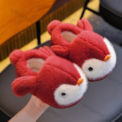 Cute Penguin Boys' Girls' Cotton Slippers 2025 New Winter Fashion Children's Eva Cotton Shoes Non Slip Warm Velvet Home Slippers
