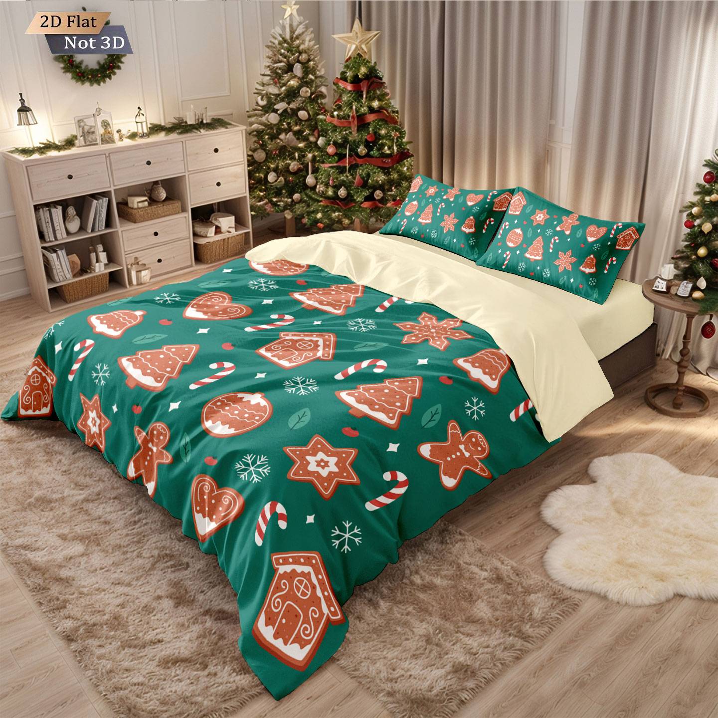 3pcs Merry Christmas Green Printed Chipless Quilt Set, Multi Size Soft Dormitory Bedding, Holiday Decoration Machine Washable