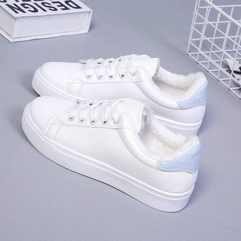 Tênis Feminino de Inverno, Quente, Pelúcia, Sola Vulcanizada, Plataforma, Algodão, Cadarço, Branco, Com Pelúcia, Casual