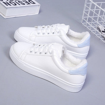 Tênis Feminino de Inverno, Quente, Pelúcia, Sola Vulcanizada, Plataforma, Algodão, Cadarço, Branco, Com Pelúcia, Casual