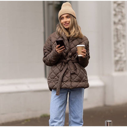 Solid Lapel Lace Up Cotton Coat Women Fashion Long Sleeve Warm Loose Pocket Short Coats Lady New Winter Commute Street Outwears