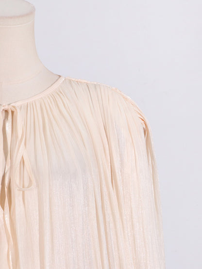 GALCAUR Solid Loose Splicd Lace Up Dresses For Women V Neck Long Sleeves Patchwo