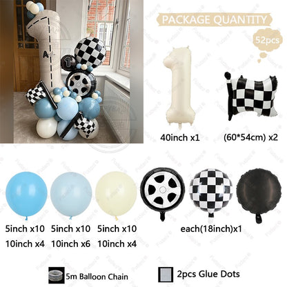 52Pcs Race Car Theme Balloon Set Blue Black Latex Balloons Checkered Flag Birthday Party Baby Shower Decor