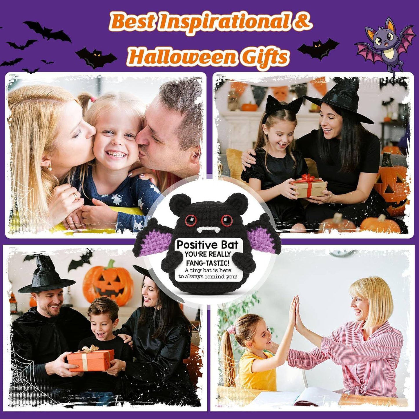 Handmade Positive Bat Doll With Card Home Decoration Knitting Bat Halloween Egg Doll Ornament Room Decor Halloween Party Gift