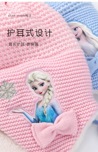 Conjunto infantil de gorro de lã e cachecol com animação da Elsa de Frozen da Disney, desenho animado, inverno, forro de veludo, espesso para manter aquecido