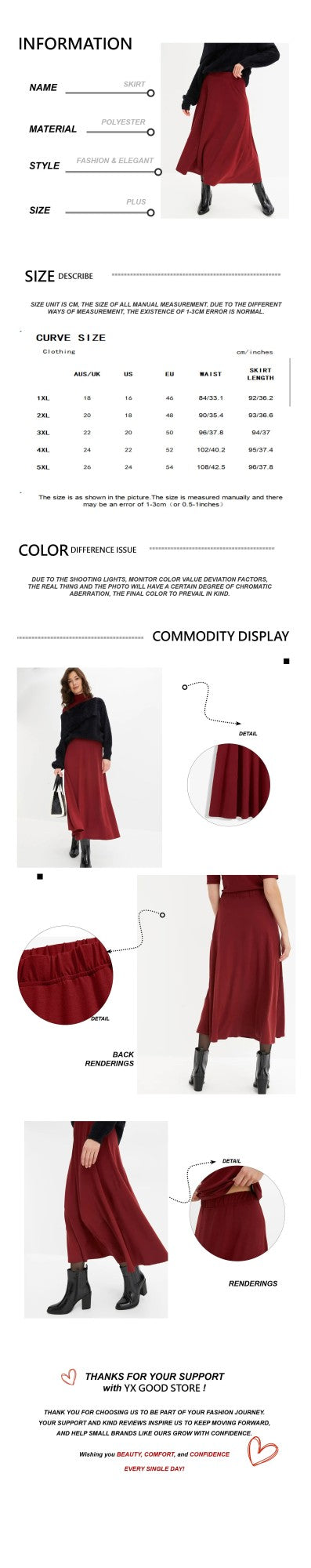 Women's Burgundy Midi Skirt, Semi-Stretch Knit A-Line with Flowy Hem. Comfortable Elastic Waist for Office & Casual Outing