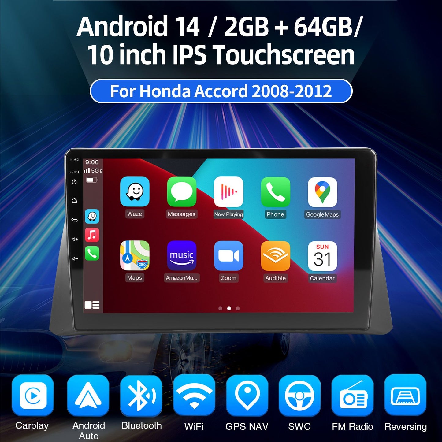 64G 10" Android 14 For 2008-2013 Honda Accord 8 Apple Carplay Car Stereo GPS Navigation WiFi FM Radio Head Unit SWC Bluetooth