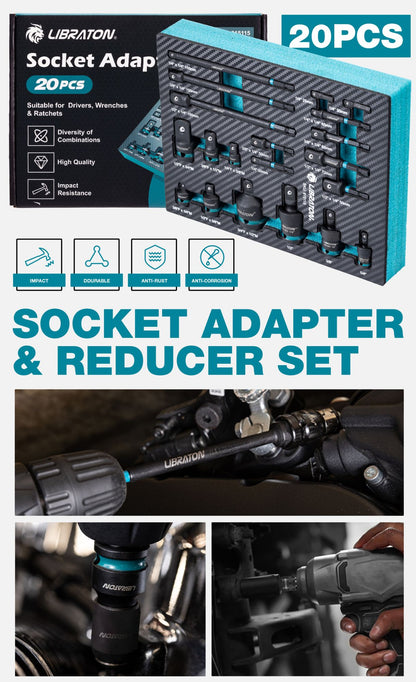 Adaptadores e Redutores de Soquete de Impacto de 1/4" 3/8" 1/2", Inclui Redutores, Juntas Universais, Extensão de Adaptador de Soquete, 20 peças