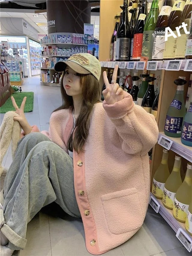 2024 Winter New Women's Lamb Wool Jacket Petite Loose-Fit Thickened Integrated Deer Skin Fleece Medium-Length Korean Style