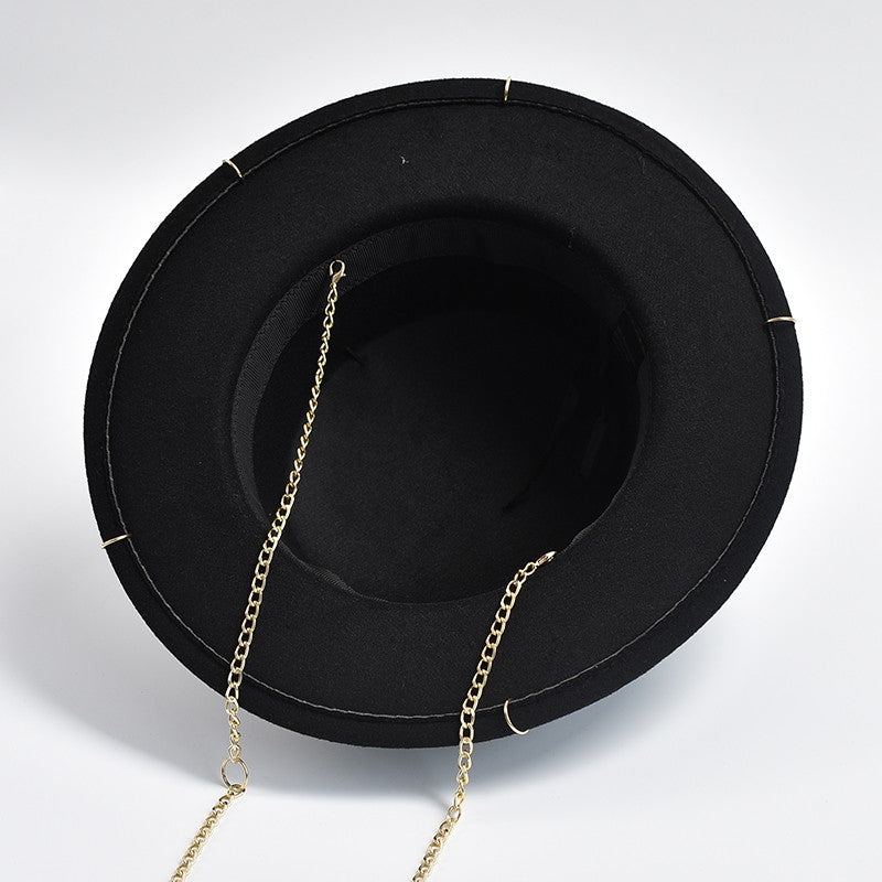 Novo Design de Moda Chapéu Fedora Para Mulheres Homens Corrente de Metal Decorativo Chapéu Jazz Festa Igreja Bonés