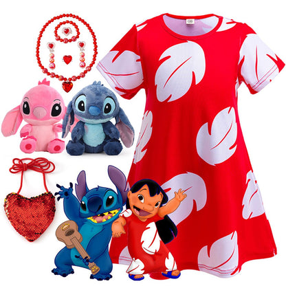 Disney Lilo Costume Girl Cosplay Red Dress Short Sleeve Pajamas Hawaiian Printed Dress Summer Beach Outfit + Stitch Doll Set