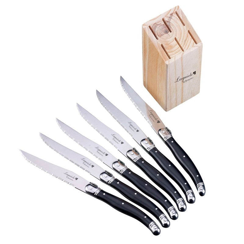 Conjunto de Facas de Churrasco Laguiole em Aço Inoxidável 6/7 Peças, Facas de Churrasco com Suporte de Madeira, Faca de Jantar de Aço, Conjunto de Talheres Coloridos de Natal