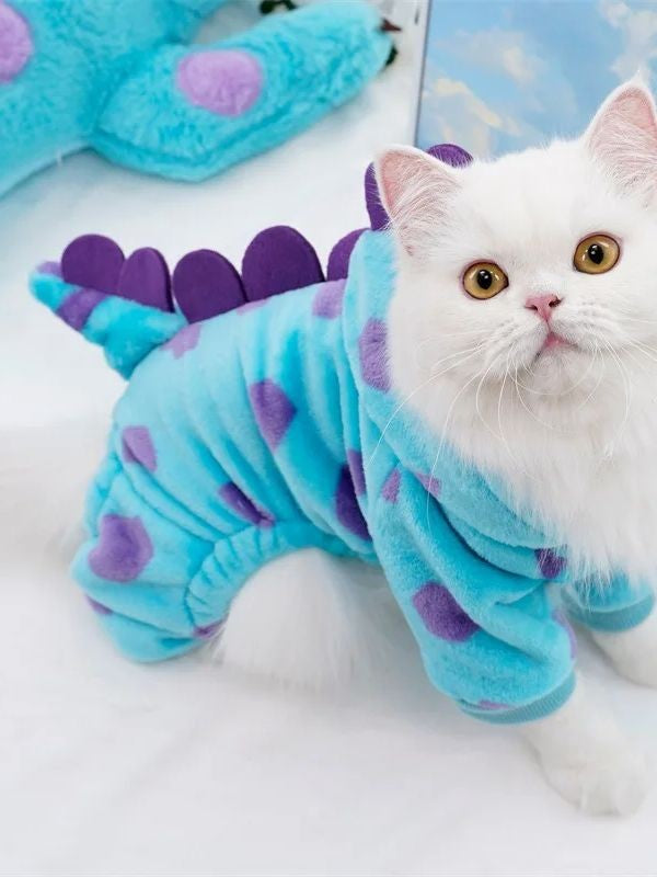 Fantasia de dinossauro de pelúcia para animais de estimação, macacão de 4 patas para gatos e cães, roupa fofa de flanela de inverno para cosplay em festas e festivais