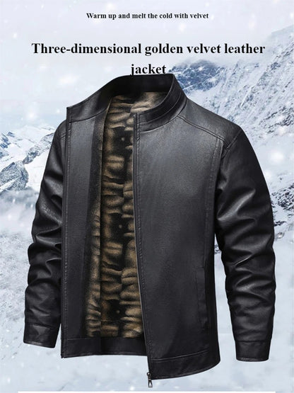 2025 New Men's autumn thin velvet leather jacket, warm and retro men's motorcycle jacket, outdoor casual PU leather jacket
