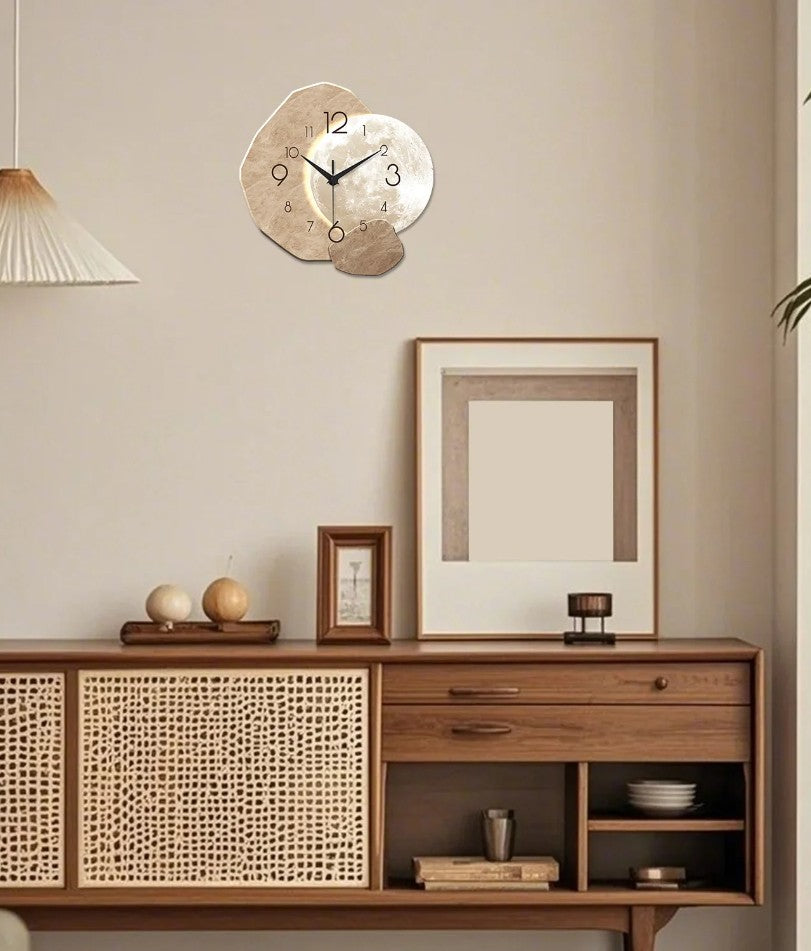 Modern Simple Silent Wall Clock, Moon Design - Quartz Movement, Wooden Material, for Bedroom, Living Room or Office Decoration