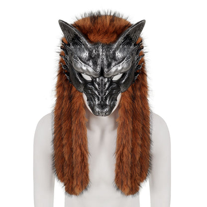Viking Wolf Mask Faux Fur Headdress Werewolf Barbarian for Halloween Cosplay Costume Accessories