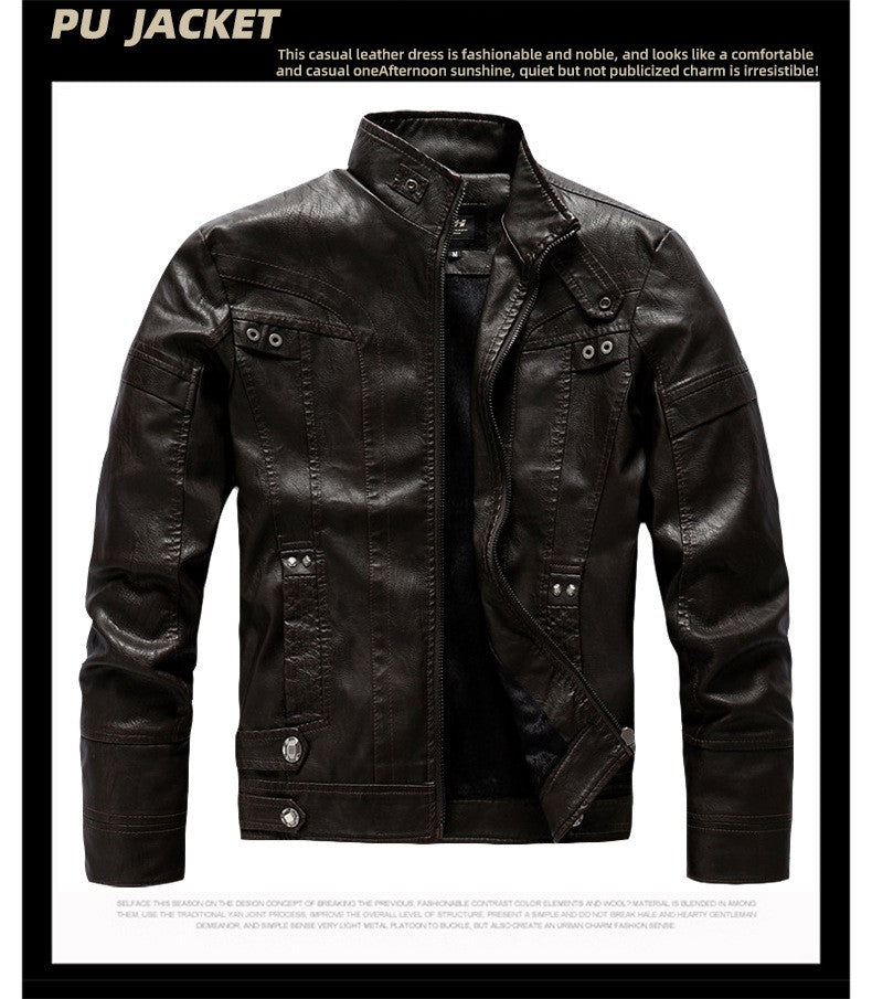 Autumn Winter New Fashion Men's Solid Color Simple Basic Casual Trendy Stand Collar Zipper Faux Leather Coats Male Jackets Tops