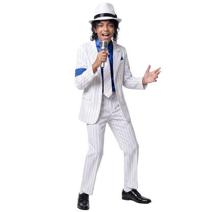 Kids Michael Jackson Cosplay Costume Boys White Striped MJ Suit Tap Dance Outfit Halloween Party Stage Performance Dance Costume