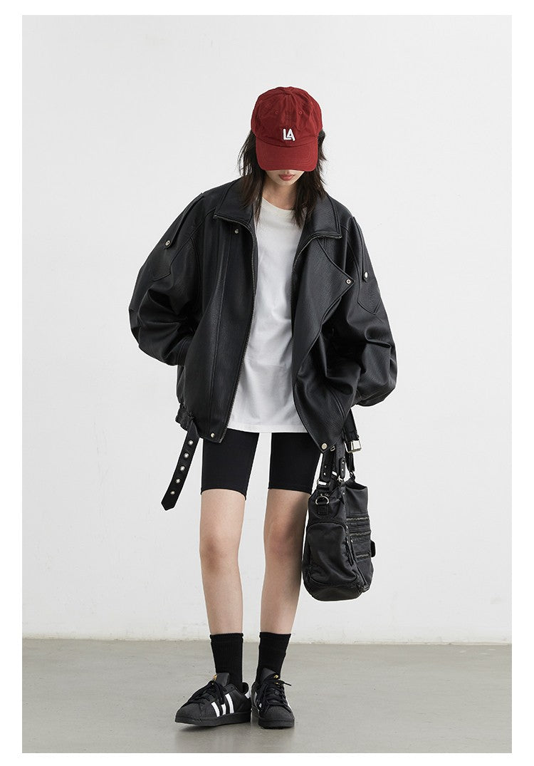 Mauroicardi Spring Autumn Retro Black Oversized Pu Leather Motorcycle Jacket Women Belt Zipper Luxury European Fashion 2025